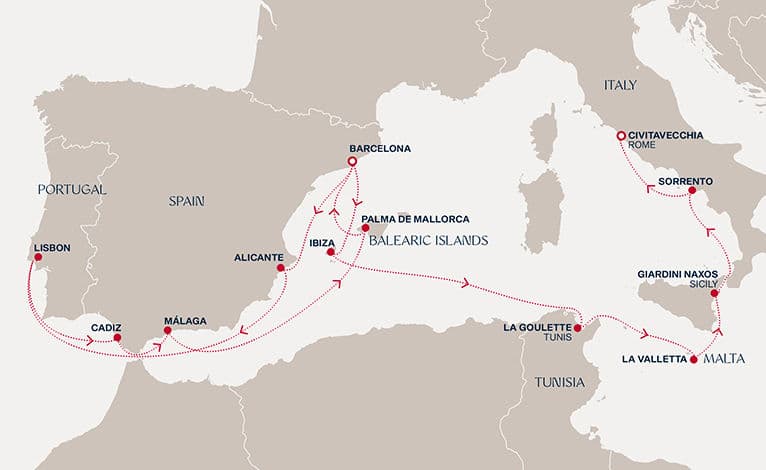 16 nights Mediterranean cruise on EXPLORA II 
from 🇪🇸 Barcelona to 🇮🇹 Civitavecchia 