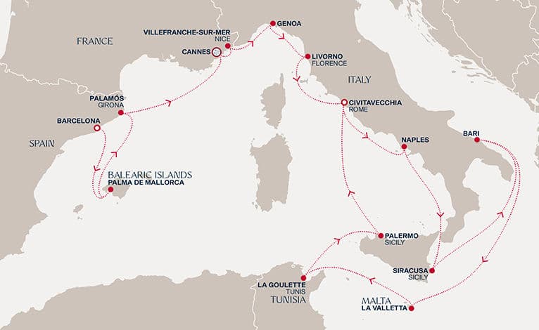 17 nights Mediterranean cruise on EXPLORA II 
from 🇪🇸 Barcelona to 🇮🇹 Civitavecchia 