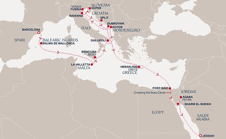 21 nights Transatlantic cruise on EXPLORA IV 
from 🇪🇸 Barcelona to 🇸🇦 Jeddah 