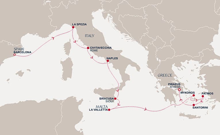 11 nights Mediterranean cruise on EXPLORA II 
from 🇪🇸 Barcelona to 🇬🇷 Piraeus 