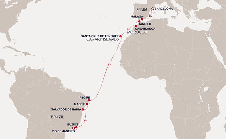 17 nights Transatlantic cruise on EXPLORA II 
from 🇪🇸 Barcelona to 🇧🇷 Rio de Janeiro 