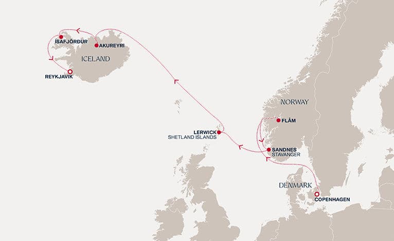 8 nights North European cruise on EXPLORA V 
from 🇩🇰 Copenhagen to 🇮🇸 Reykjavík 