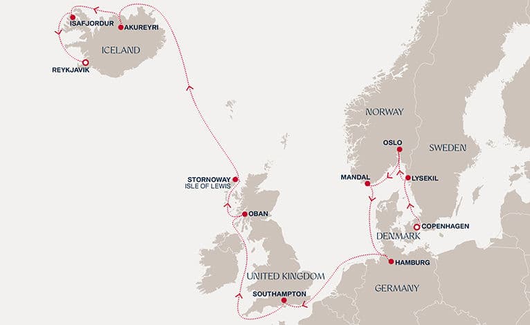 15 nights North European cruise on EXPLORA V 
from 🇩🇰 Copenhagen to 🇮🇸 Reykjavík 