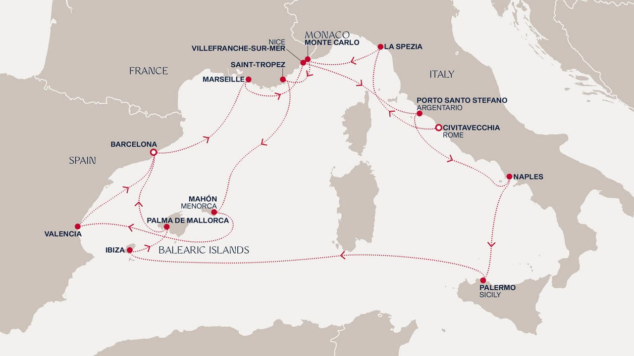 16 nights Mediterranean cruise on EXPLORA I 
from 🇮🇹 Civitavecchia to 🇪🇸 Barcelona 