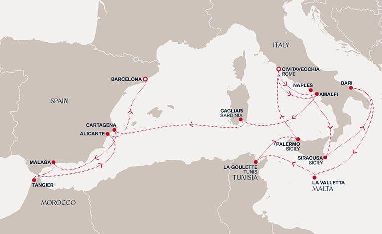 20 nights Mediterranean cruise on EXPLORA II 
from 🇮🇹 Civitavecchia to 🇪🇸 Barcelona 