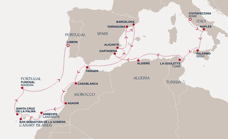21 nights Mediterranean cruise on EXPLORA II 
from 🇮🇹 Civitavecchia to 🇵🇹 Lisbon 