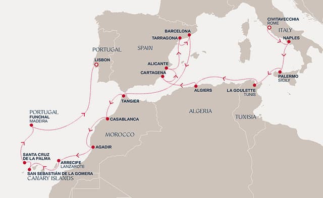 21 nights Mediterranean cruise on EXPLORA II 
from 🇮🇹 Civitavecchia to 🇵🇹 Lisbon 