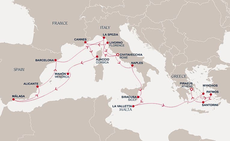 20 nights Mediterranean cruise on EXPLORA II 
from 🇮🇹 Civitavecchia to 🇬🇷 Piraeus 
