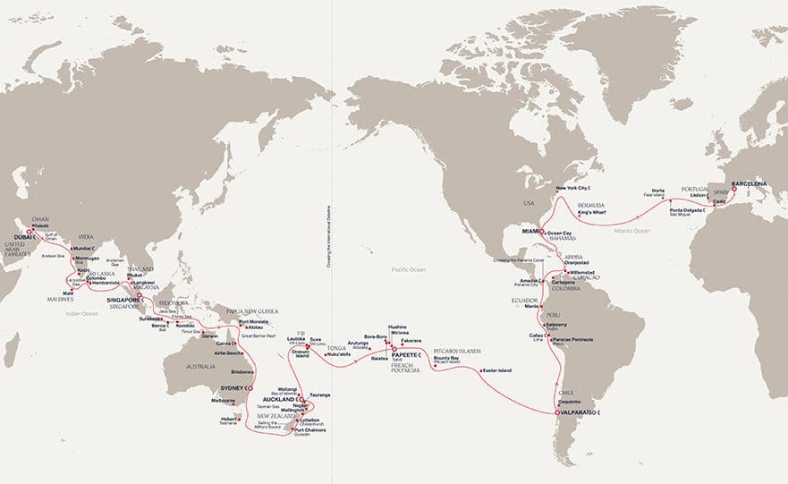 128 nights cruise on EXPLORA I 
from 🇦🇪 Dubai to 🇪🇸 Barcelona 