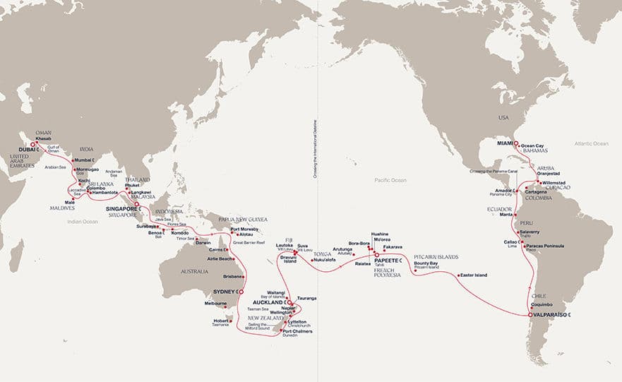 108 nights cruise on EXPLORA I 
from 🇦🇪 Dubai to 🇺🇸 Miami 