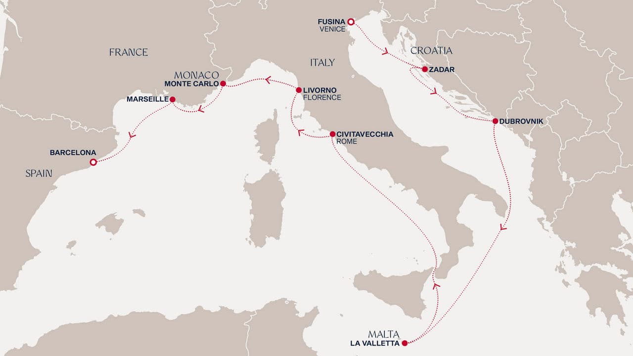 10 nights Mediterranean cruise on EXPLORA II 
from 🇮🇹 Fusina to 🇪🇸 Barcelona 