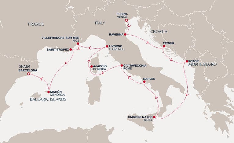 14 nights Mediterranean cruise on EXPLORA VI 
from 🇮🇹 Fusina to 🇪🇸 Barcelona 