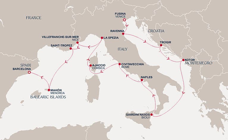 14 nights Mediterranean cruise on EXPLORA VI 
from 🇮🇹 Fusina to 🇪🇸 Barcelona 