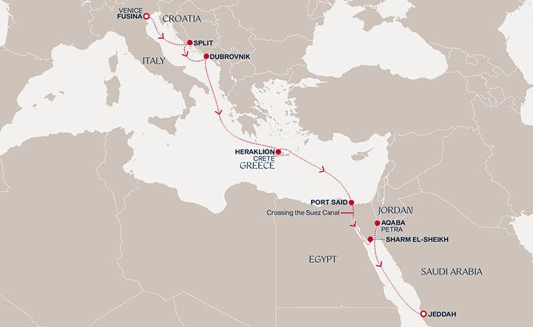 11 nights Transatlantic cruise on EXPLORA IV 
from 🇮🇹 Fusina to 🇸🇦 Jeddah 