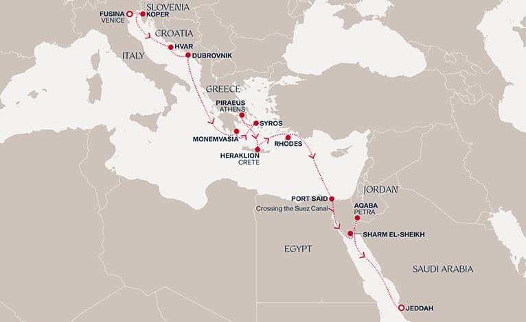 16 nights Transatlantic cruise on EXPLORA I 
from 🇮🇹 Fusina to 🇸🇦 Jeddah 