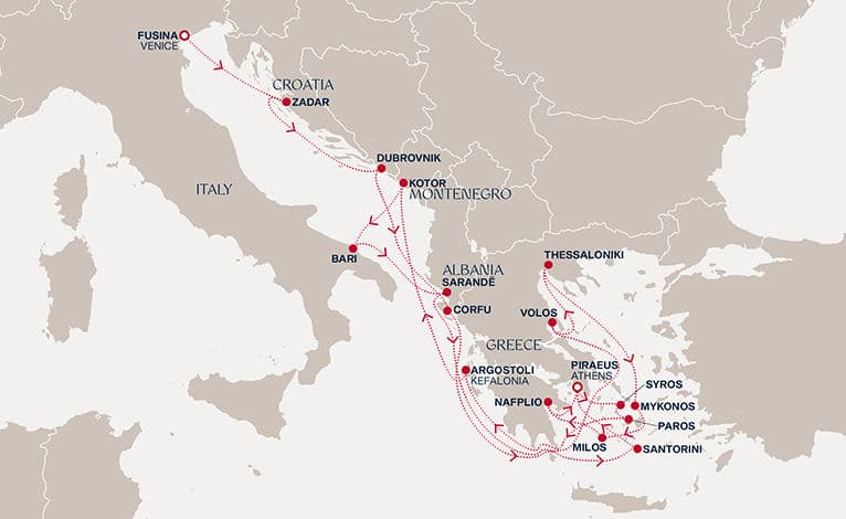 21 nights Mediterranean cruise on EXPLORA II 
from 🇮🇹 Fusina to 🇬🇷 Piraeus 