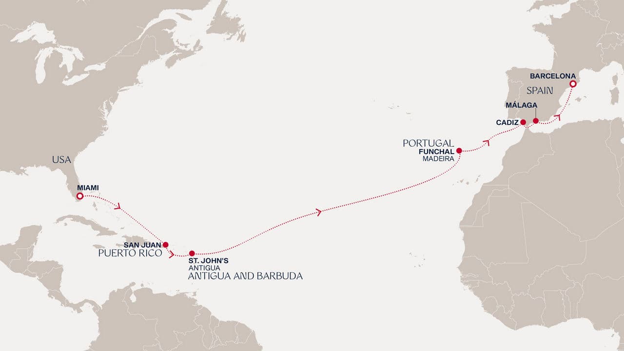 16 nights Transatlantic cruise on EXPLORA II 
from 🇺🇸 Miami to 🇪🇸 Barcelona 