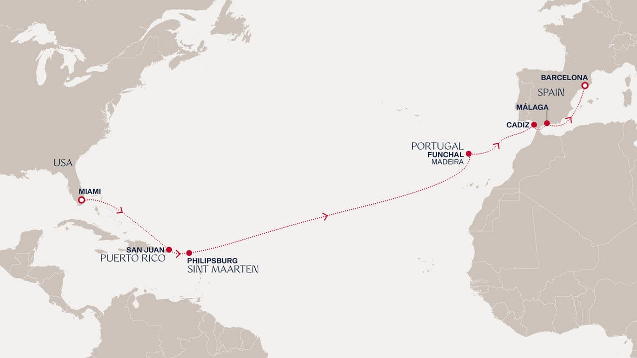 16 nights Transatlantic cruise on EXPLORA I 
from 🇺🇸 Miami to 🇪🇸 Barcelona 