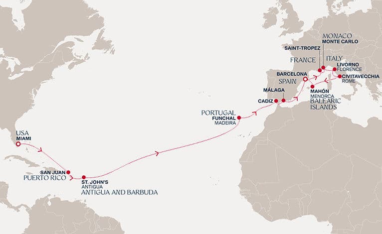 23 nights Transatlantic cruise on EXPLORA II 
from 🇺🇸 Miami to 🇪🇸 Barcelona 