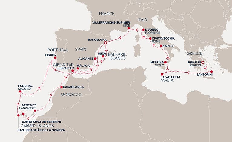 29 nights Mediterranean cruise on EXPLORA II 
from 🇬🇷 Piraeus to 🇪🇸 Barcelona 