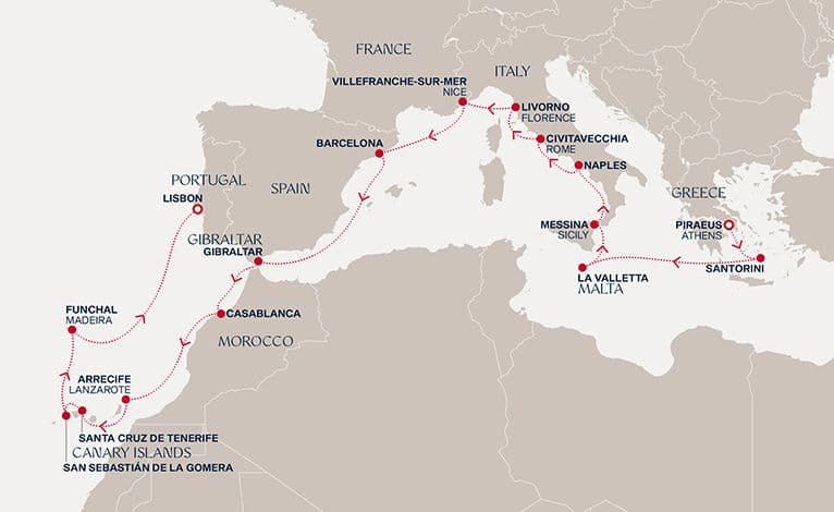 22 nights Mediterranean cruise on EXPLORA II 
from 🇬🇷 Piraeus to 🇵🇹 Lisbon 