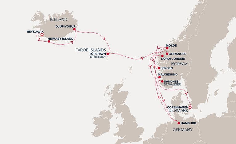 15 nights North European cruise on EXPLORA V 
from 🇮🇸 Reykjavík to 🇩🇰 Copenhagen 