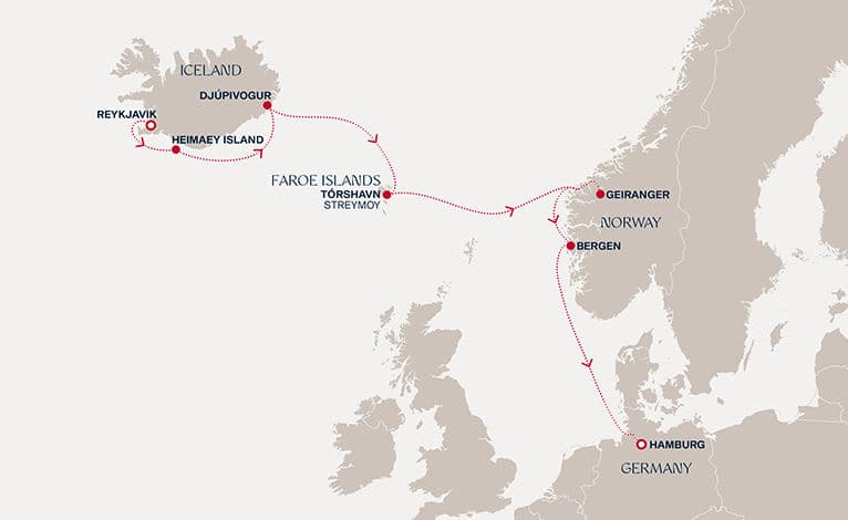8 nights North European cruise on EXPLORA V 
from 🇮🇸 Reykjavík to 🇩🇪 Hamburg 