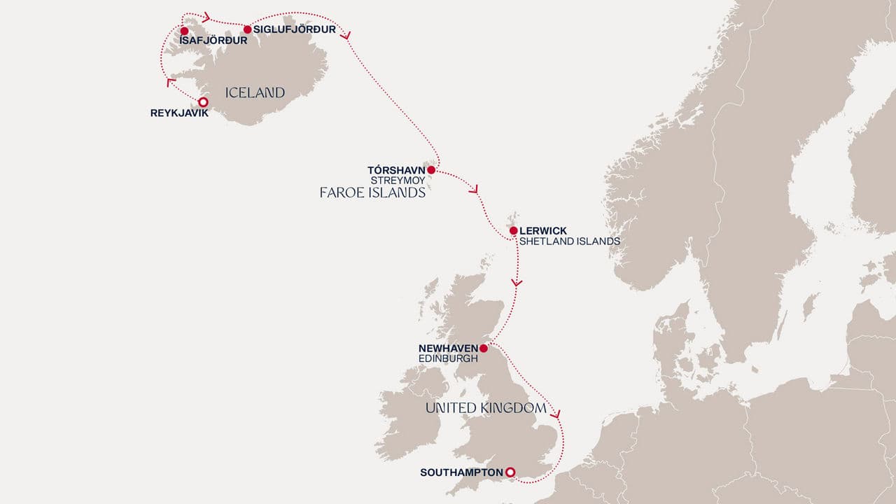 8 nights North European cruise on EXPLORA IV 
from 🇮🇸 Reykjavík to 🇬🇧 Southampton 