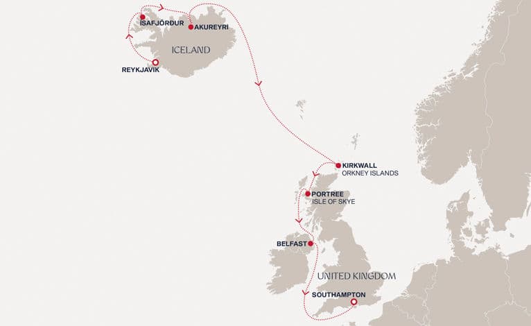 8 nights North European cruise on EXPLORA IV 
from 🇮🇸 Reykjavík to 🇬🇧 Southampton 