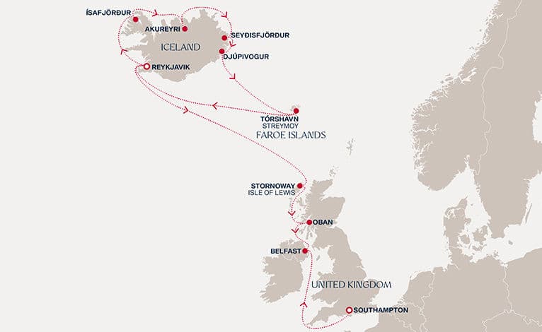 14 nights North European cruise on EXPLORA IV 
from 🇮🇸 Reykjavík to 🇬🇧 Southampton 