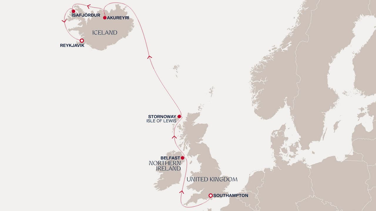8 nights North European cruise on EXPLORA IV 
from 🇬🇧 Southampton to 🇮🇸 Reykjavík 