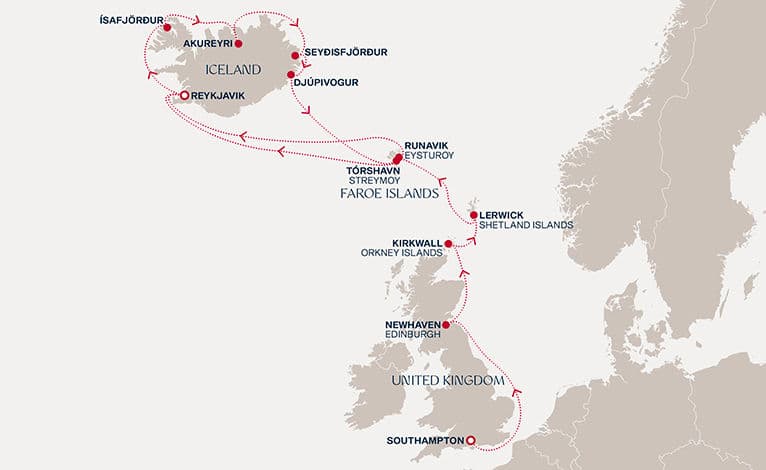 14 nights North European cruise on EXPLORA IV 
from 🇬🇧 Southampton to 🇮🇸 Reykjavík 