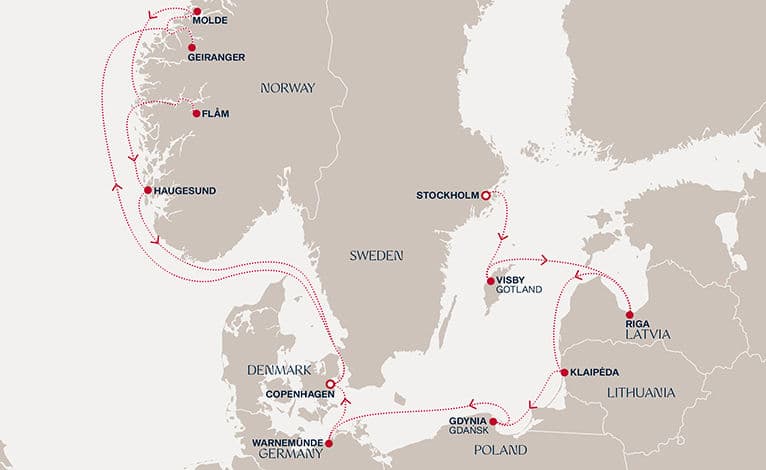 14 nights North European cruise on EXPLORA IV 
from 🇸🇪 Stockholm to 🇩🇰 Copenhagen 