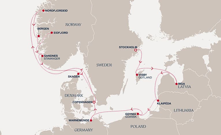 14 nights North European cruise on EXPLORA V 
from 🇸🇪 Stockholm to 🇩🇰 Copenhagen 