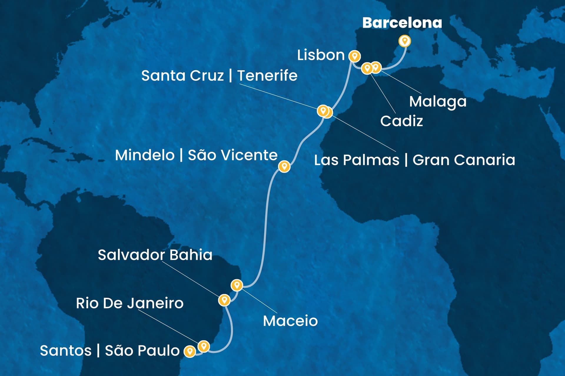20 nights cruise on Costa Diadema
from ๐ช๐ธ Barcelona to ๐ง๐ท Santos (Sรฃo Paulo)