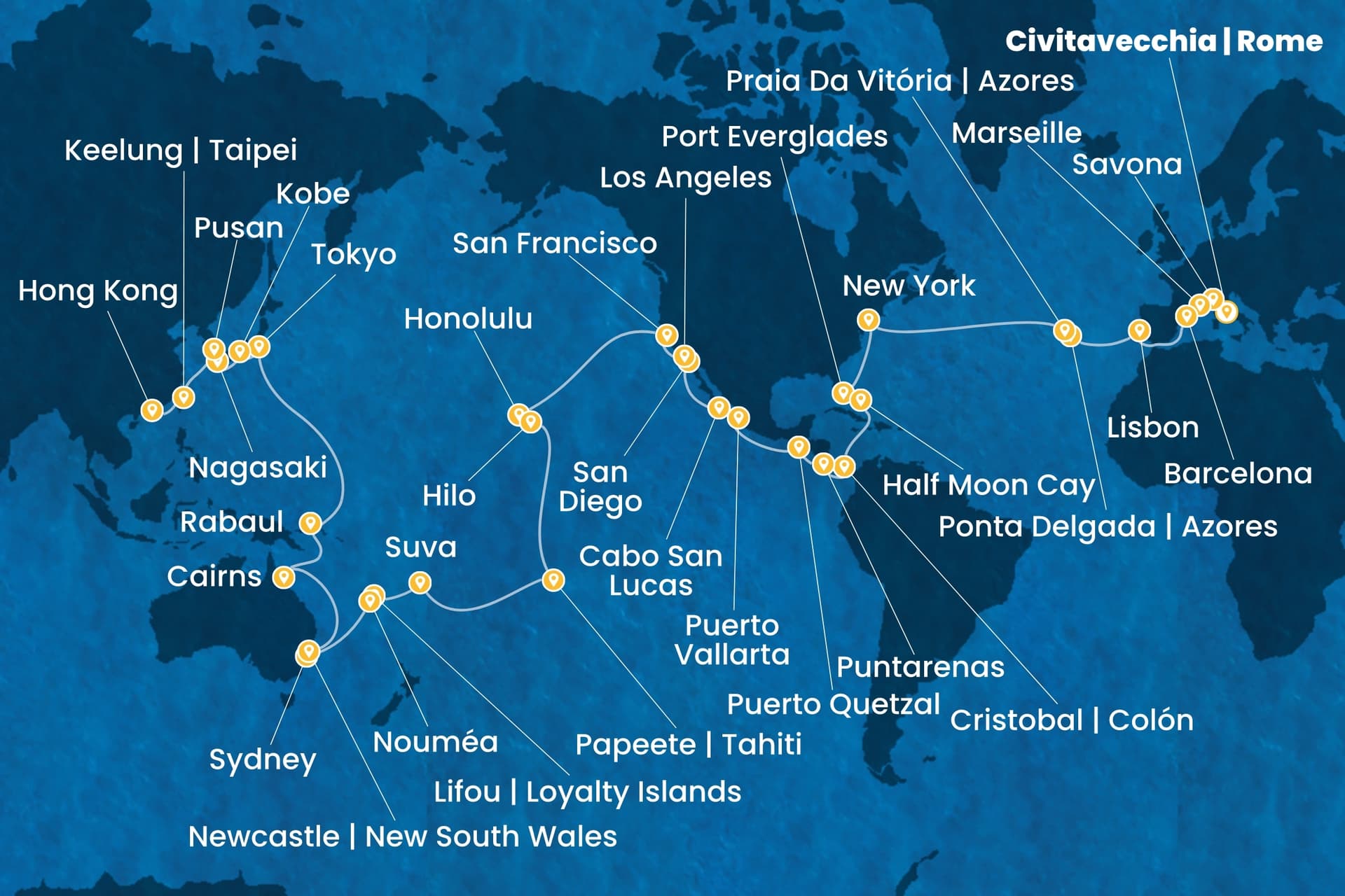 91 nights Extraordinary cruise on Costa Deliziosa 
from 🇮🇹 Civitavecchia to 🇭🇰 Hong Kong 
