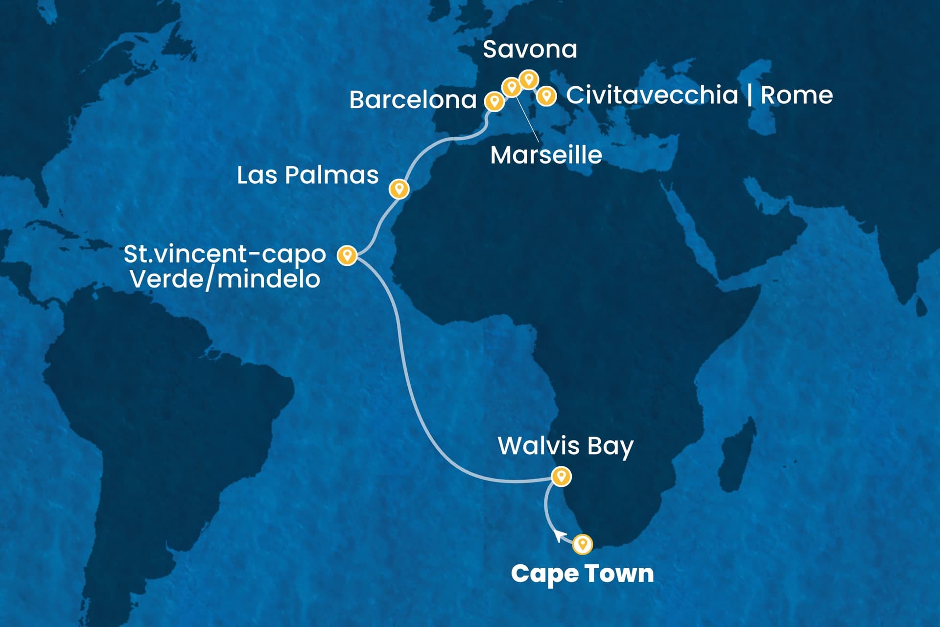 20 nights Extraordinary cruise on Costa Deliziosa 
from 🇿🇦 Cape Town to 🇮🇹 Civitavecchia 