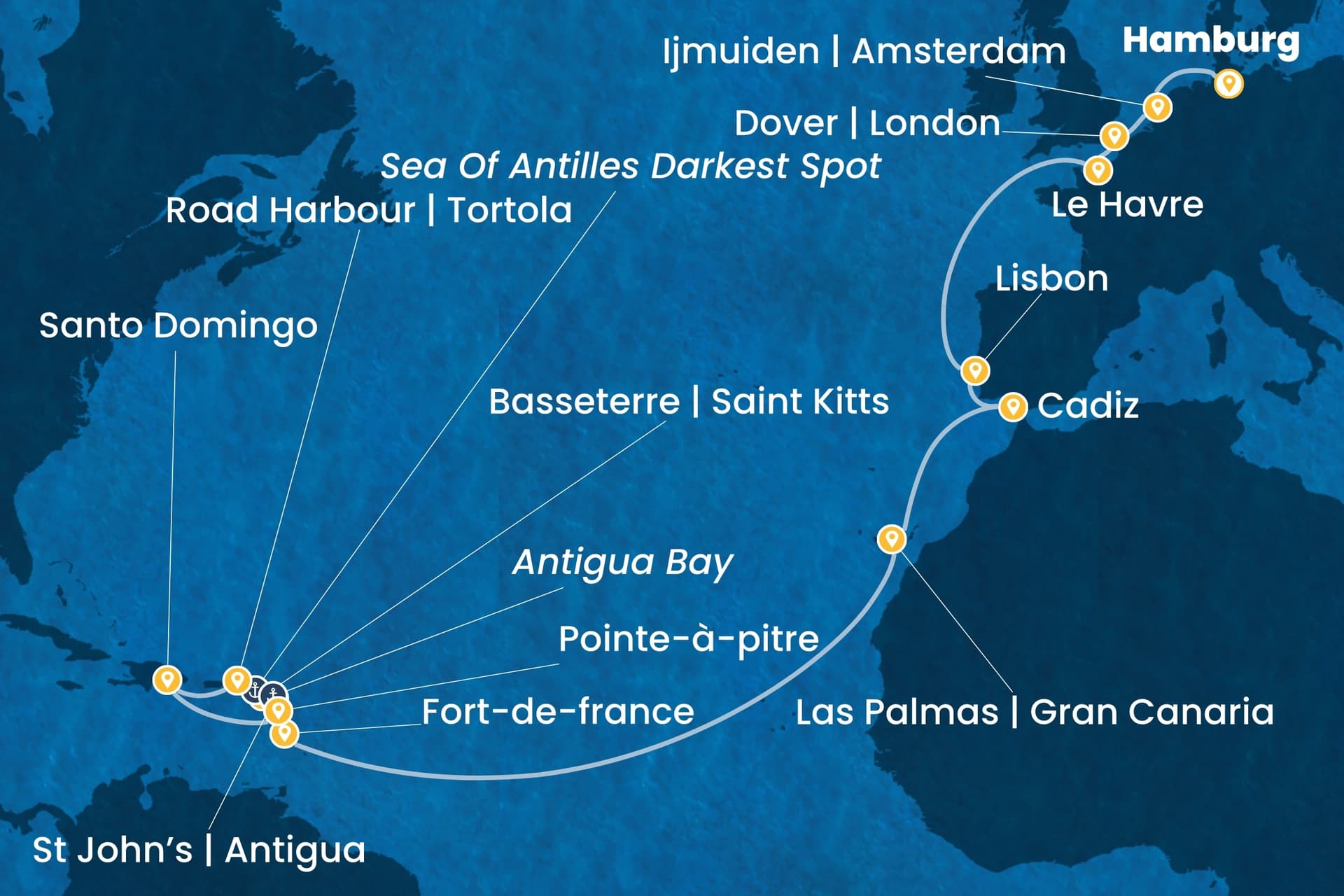 24 nights cruise on Costa Favolosa 
from 🇩🇪 Hamburg to 🇬🇵 Pointe a Pitre 