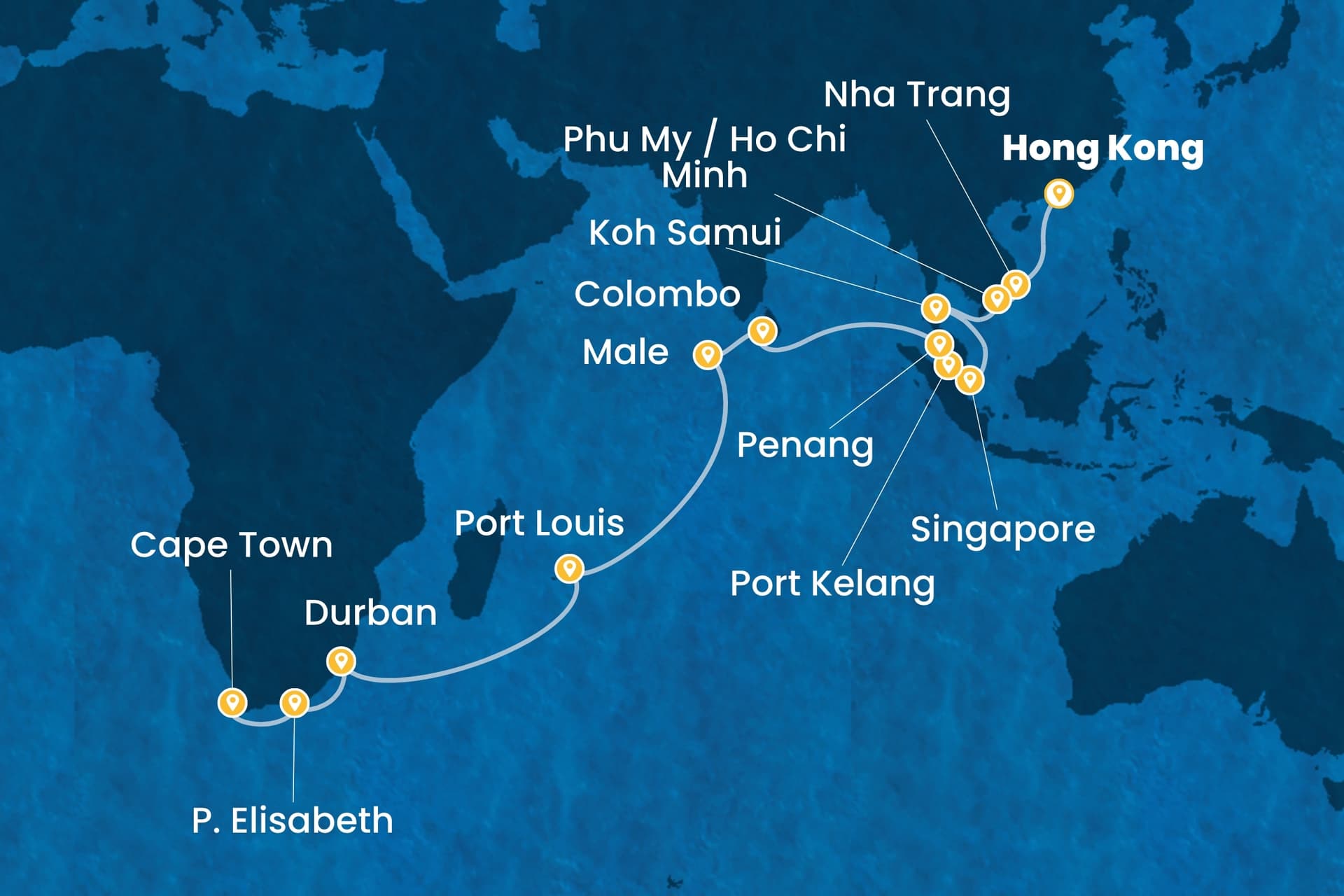 29 nights Extraordinary cruise on Costa Deliziosa 
from 🇭🇰 Hong Kong to 🇿🇦 Cape Town 