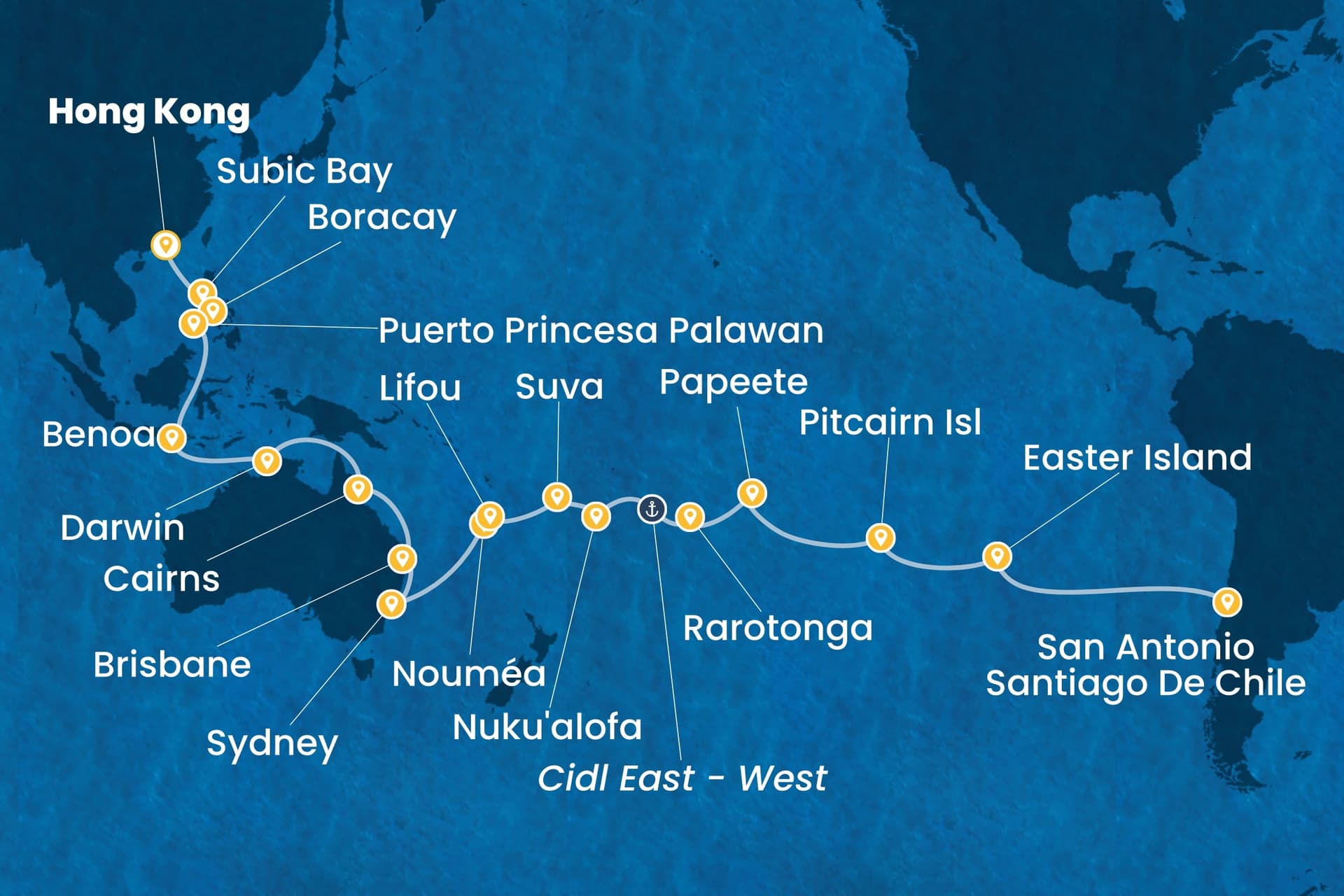 46 nights Extraordinary cruise on Costa Serena 
from 🇭🇰 Hong Kong to 🇨🇱 San Antonio 