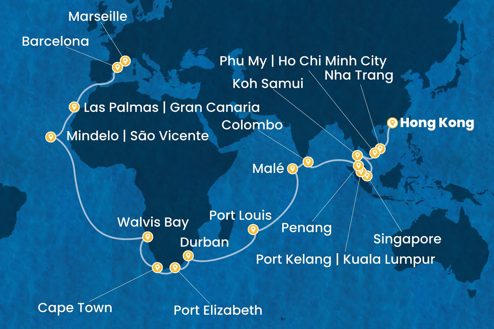 47 nights Extraordinary cruise on Costa Deliziosa 
from 🇭🇰 Hong Kong to 🇫🇷 Marseille 