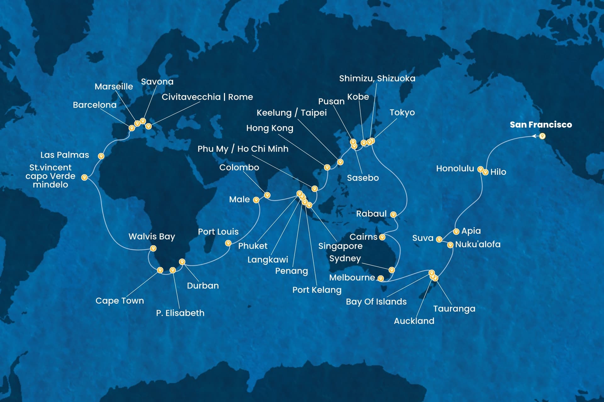 100 nights Extraordinary cruise on Costa Deliziosa 
from 🇺🇸 San Francisco to 🇮🇹 Civitavecchia 