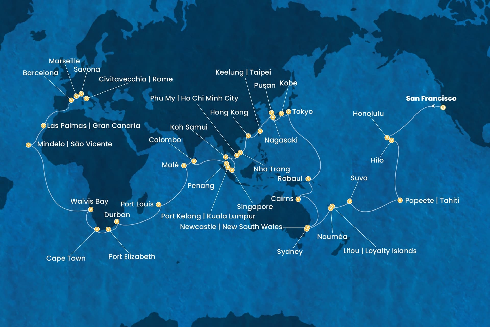 100 nights Extraordinary cruise on Costa Deliziosa
from ๐บ๐ธ San Francisco to ๐ฎ๐น Civitavecchia