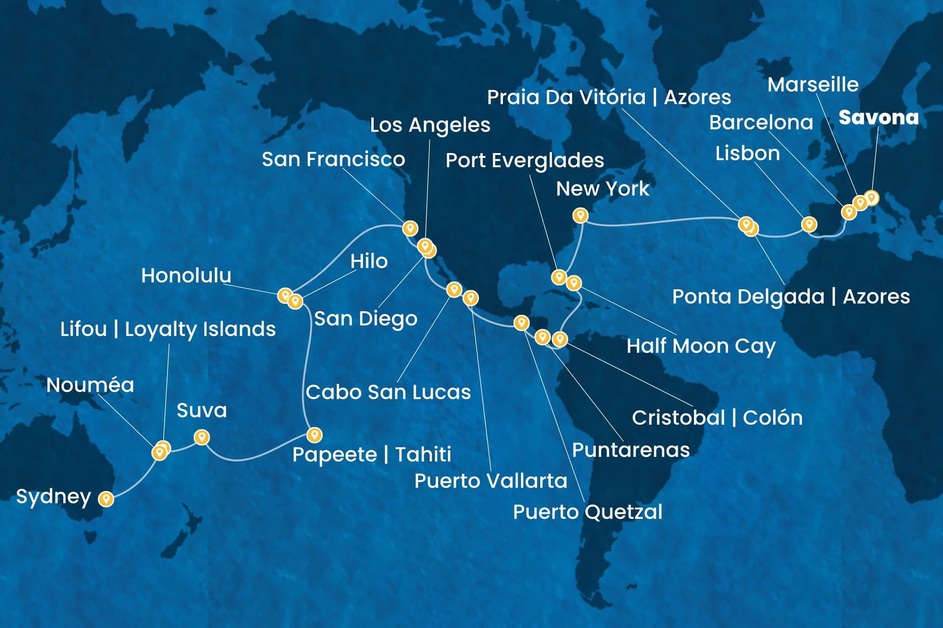 65 nights Extraordinary cruise on Costa Deliziosa
from ๐ฎ๐น Savona to ๐ฆ๐บ Sydney
