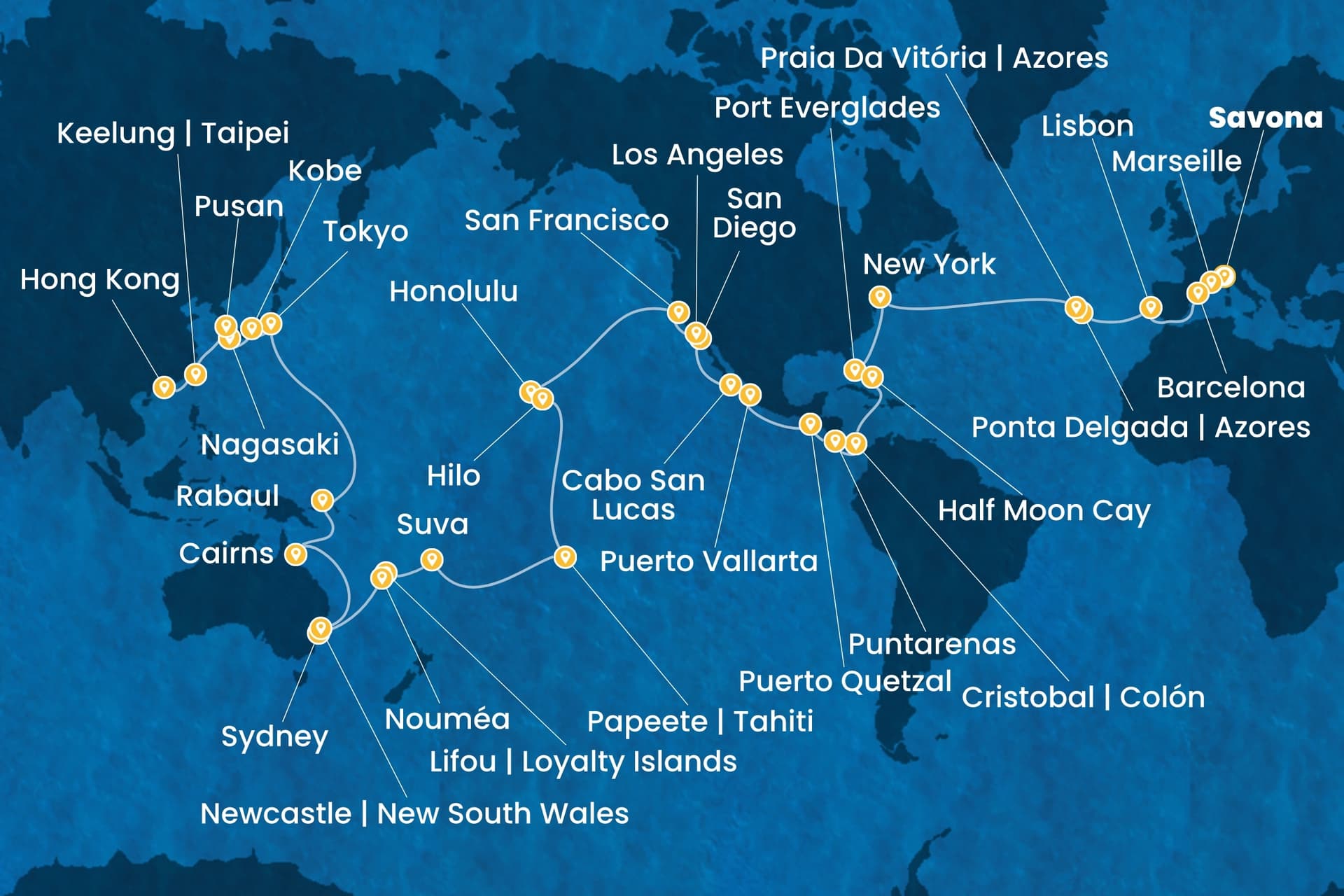 90 nights Extraordinary cruise on Costa Deliziosa 
from 🇮🇹 Savona to 🇭🇰 Hong Kong 