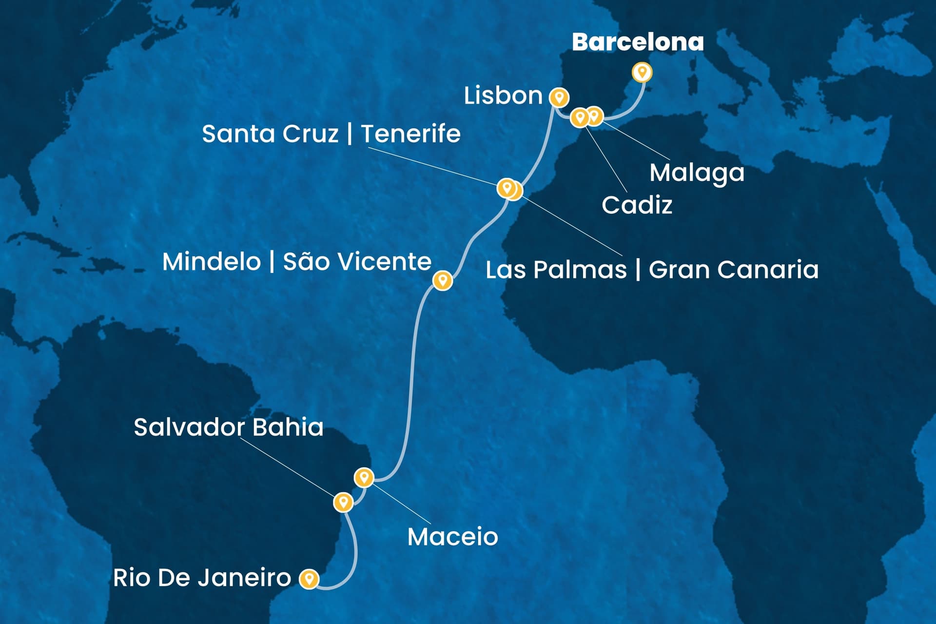 19 nights cruise on Costa Diadema 
from 🇪🇸 Barcelona to 🇧🇷 Rio de Janeiro 
