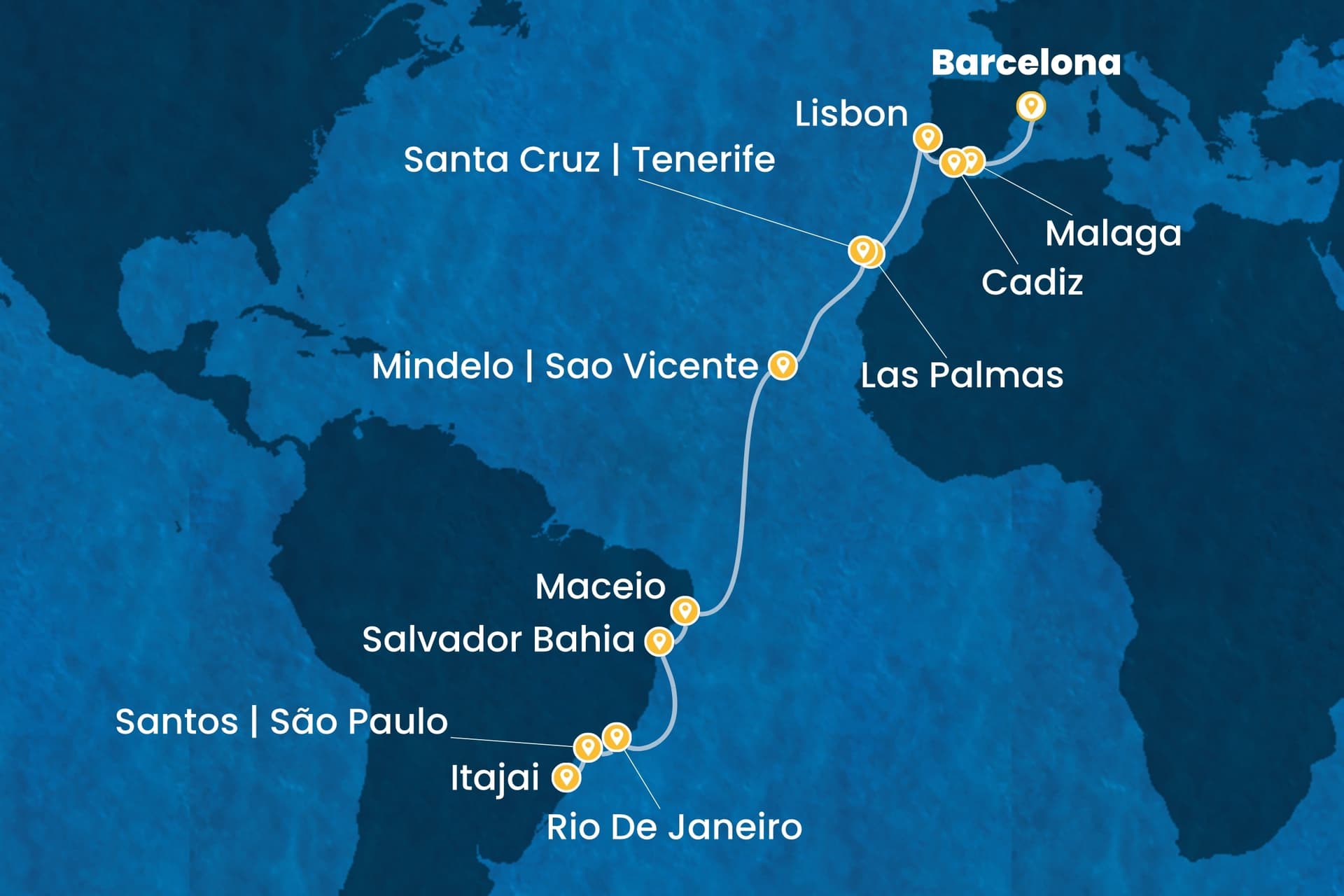 22 nights cruise on Costa Diadema 
from 🇪🇸 Barcelona to 🇧🇷 Itajaí 