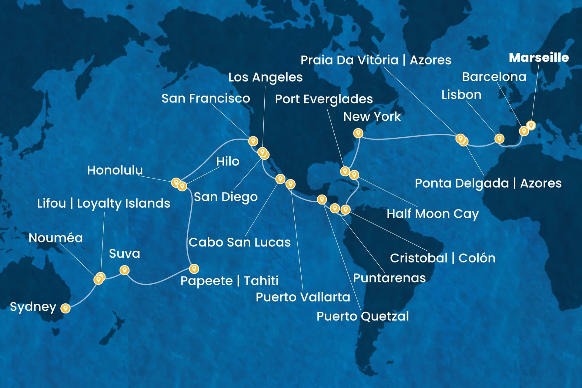 64 nights Extraordinary cruise on Costa Deliziosa
from ๐ซ๐ท Marseille to ๐ฆ๐บ Sydney