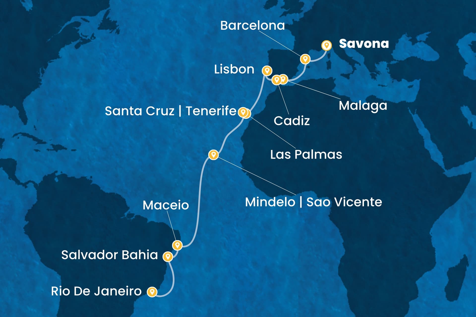 20 nights cruise on Costa Diadema
from ๐ฎ๐น Savona to ๐ง๐ท Rio de Janeiro