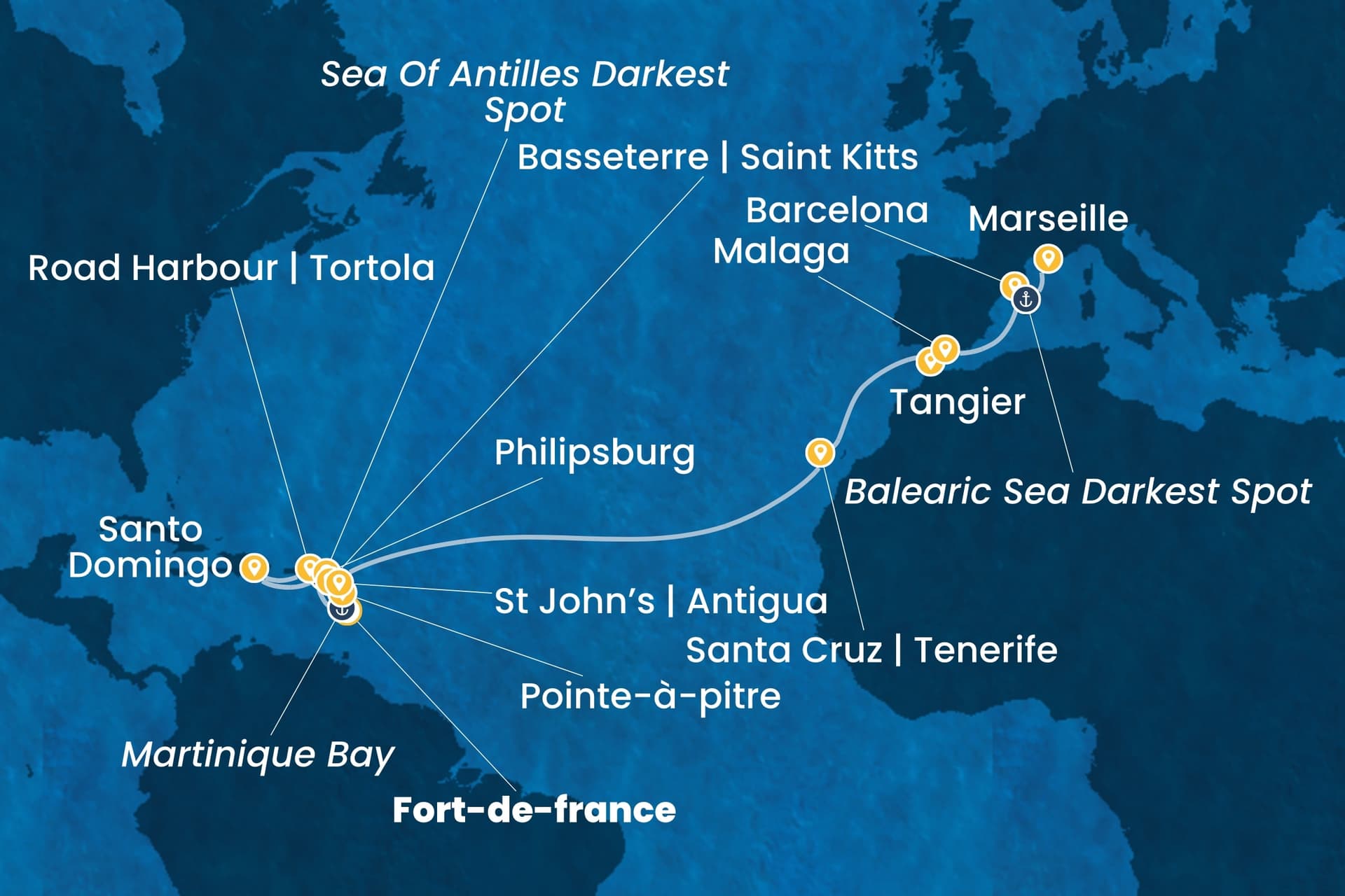 23 nights cruise on Costa Favolosa 
from 🇲🇶 Fort-de-France to 🇫🇷 Marseille 